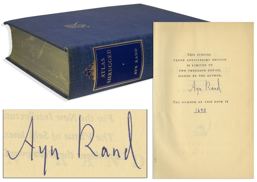 Ayn Rand Signed ''Atlas Shrugged'' -- Number 1,690 in a Special 10th Anniversary Edition Limited to 2,000